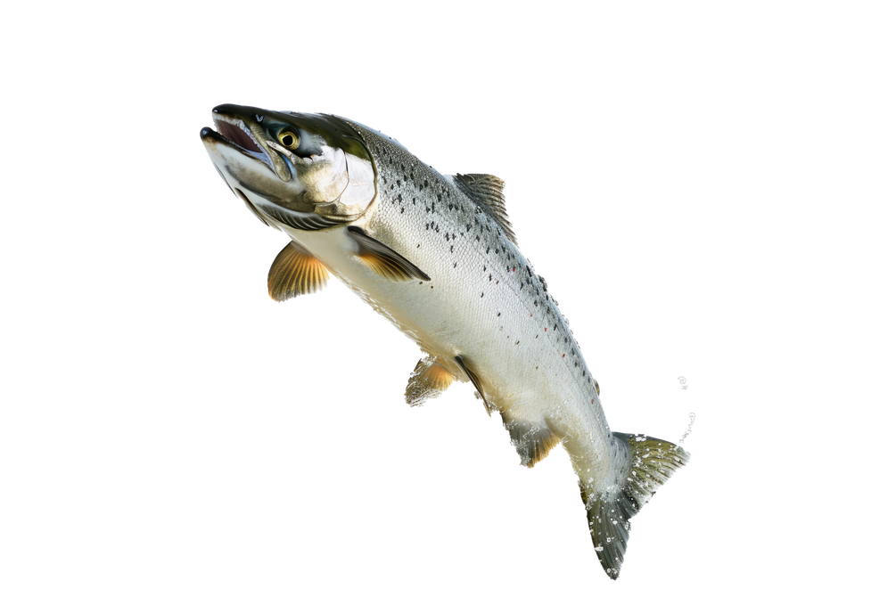 A salmon is jumping in the air on a white background.