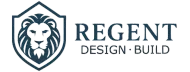 Logo of Regent Design Build, featuring a lion's head in a shield, beside the company name and tagline.