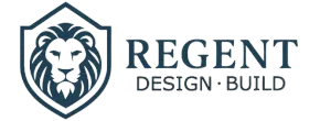 Logo of Regent Design Build, featuring a lion's head in a shield, beside the company name and tagline.