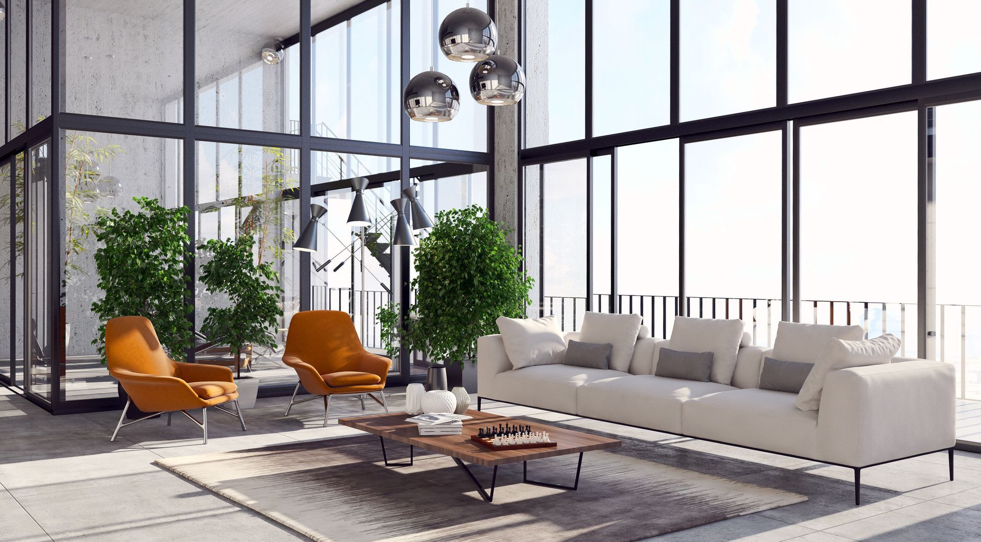 Modern living room with floor-to-ceiling windows, sofa, two orange chairs, plants, and a coffee table.