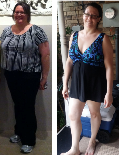 Weight loss progress photos: woman in striped shirt/pants then swimsuit, outdoors.