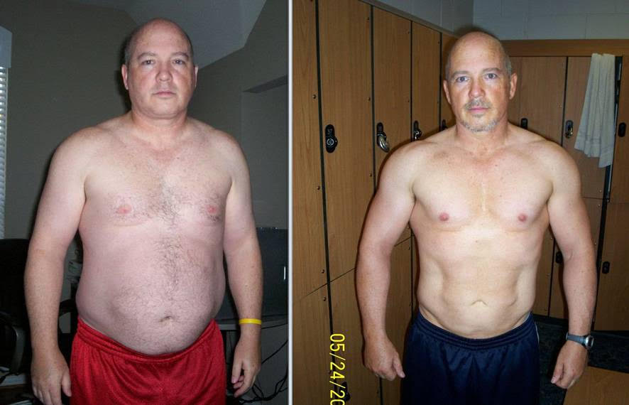 Before and after photos of a man; left shows overweight, right shows muscular with toned abs. Locker room setting.