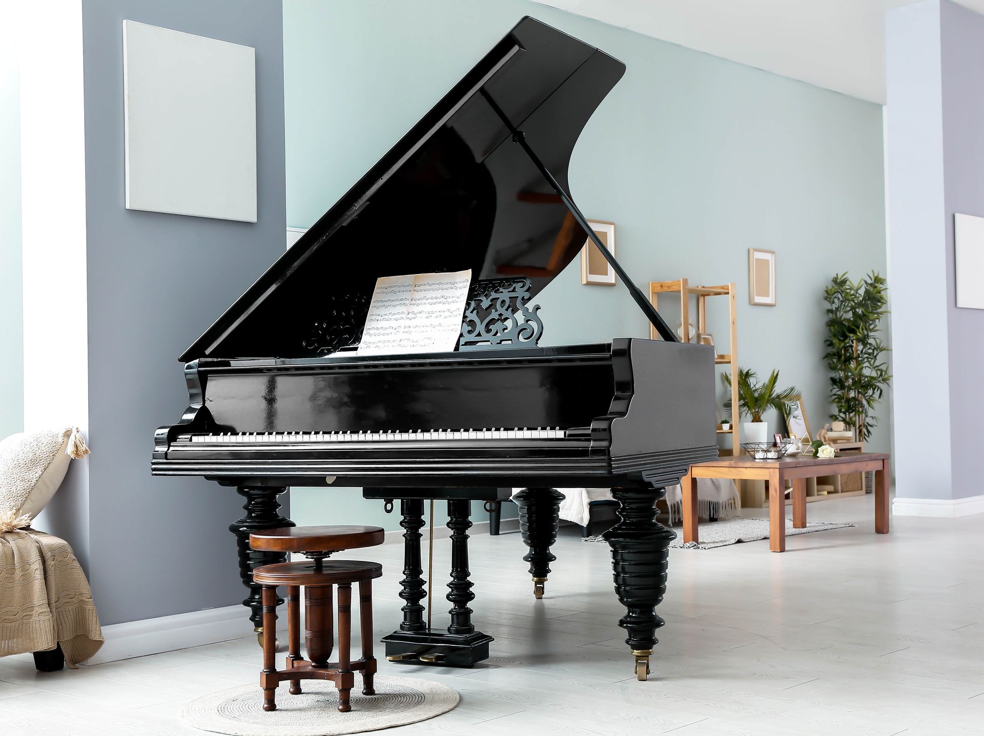 a black grand piano is sitting in a living room