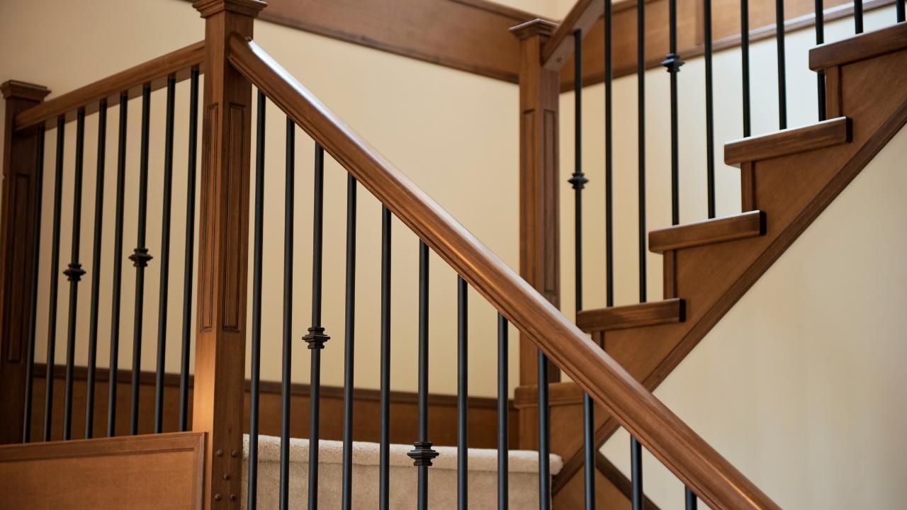 A wooden staircase with iron railings and a handrail.