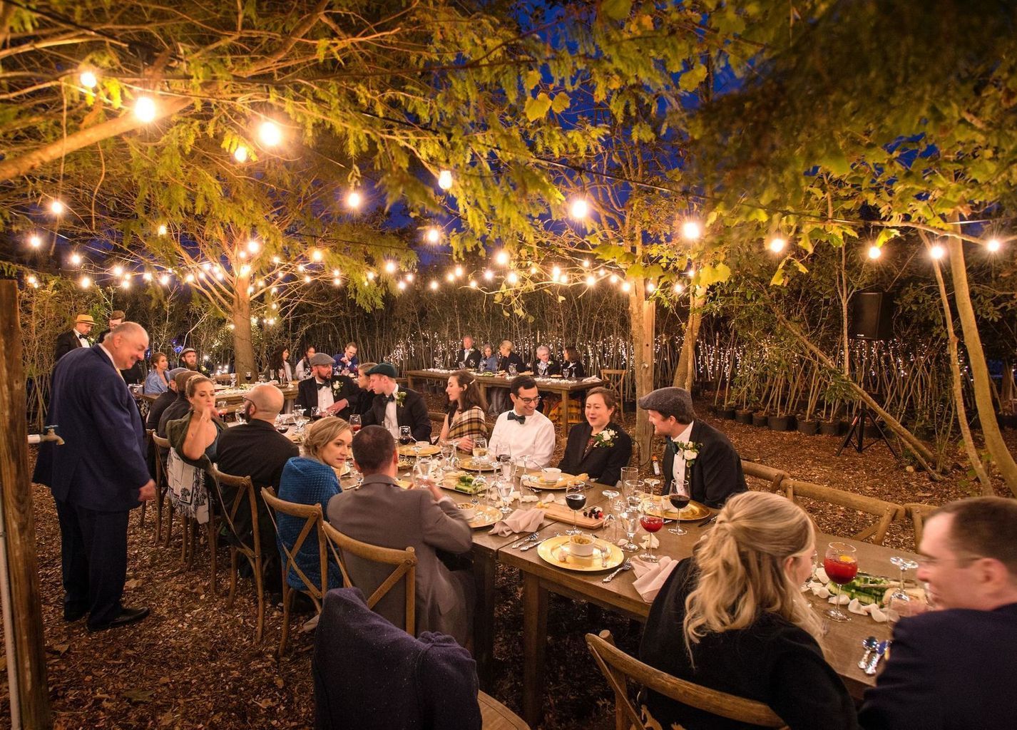 A group of people are sitting at a long table under a tree.