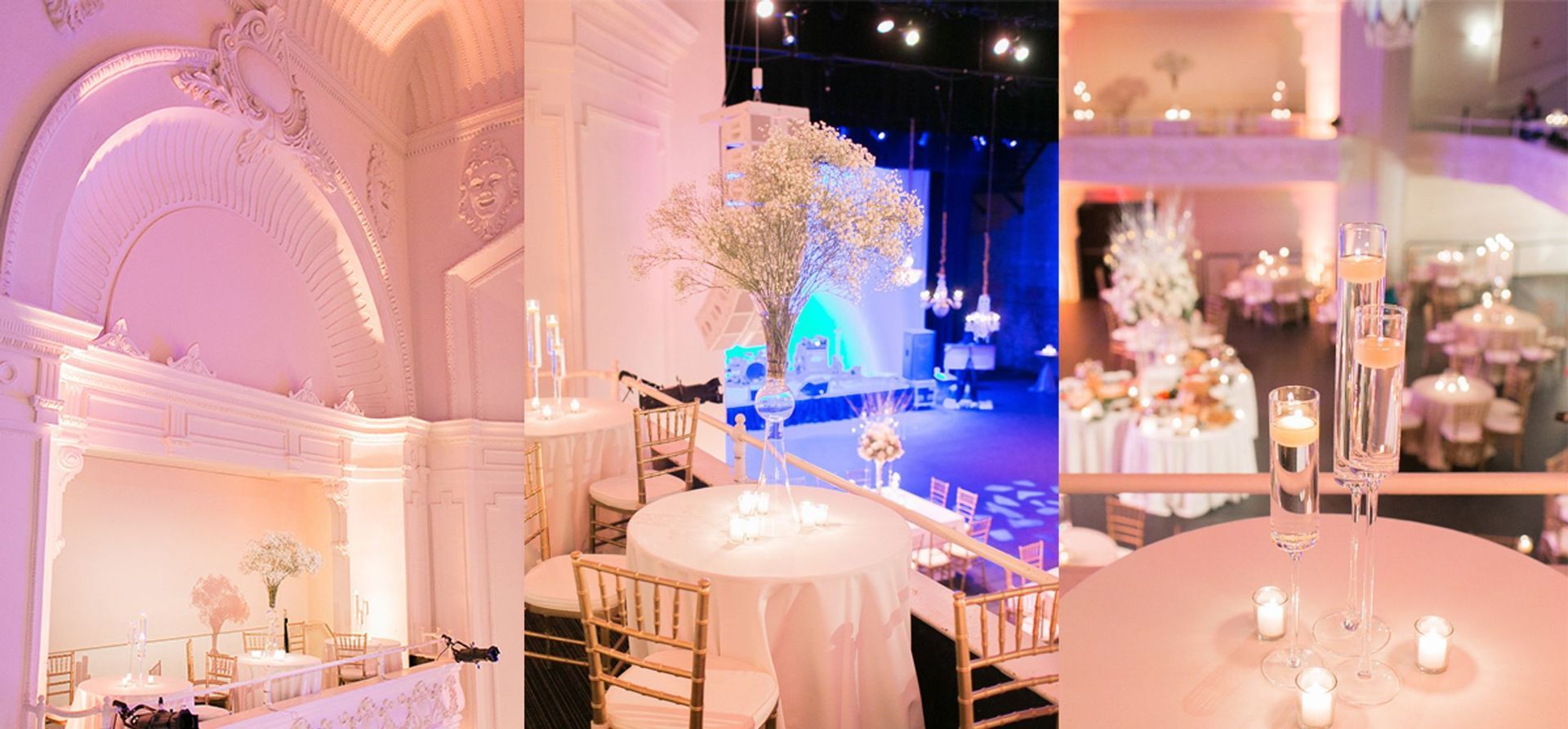 A collage of three photos of a wedding reception.