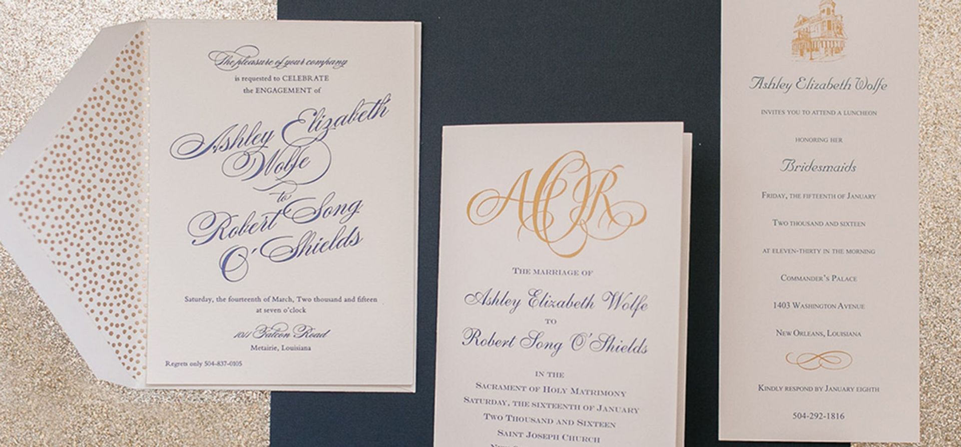 A wedding invitation is sitting on top of a table next to a menu.