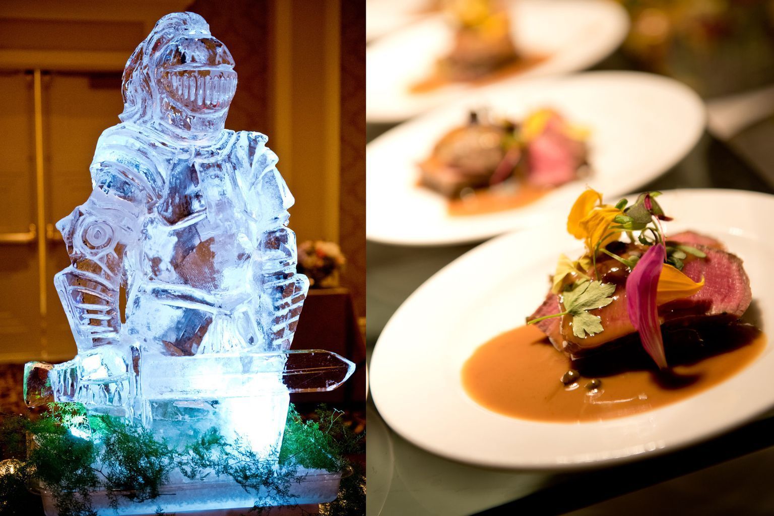 A statue of a man is next to a plate of food