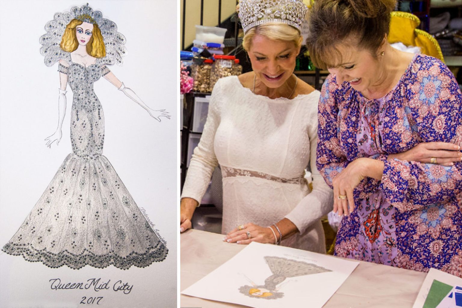 Two women are looking at a drawing of a woman in a white dress