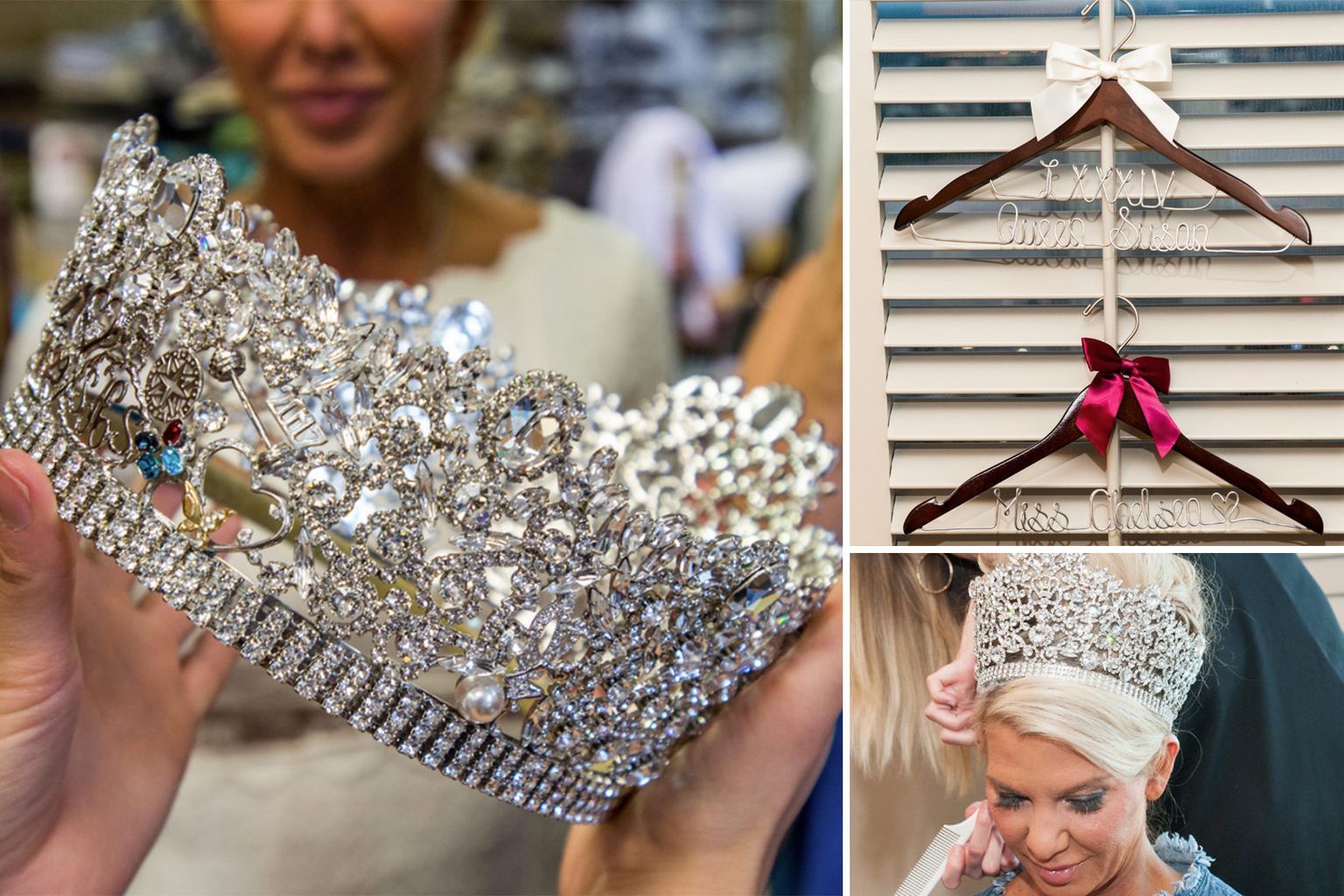 A woman is holding a large tiara in her hands.