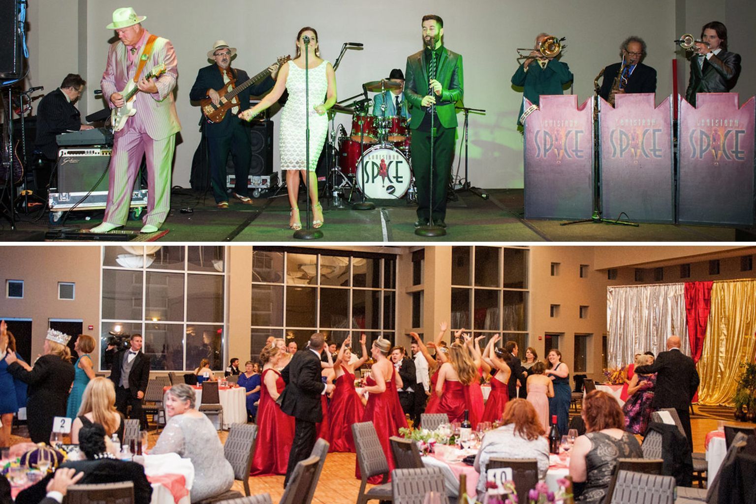 A group of people are standing on a stage and a group of people are sitting at tables.
