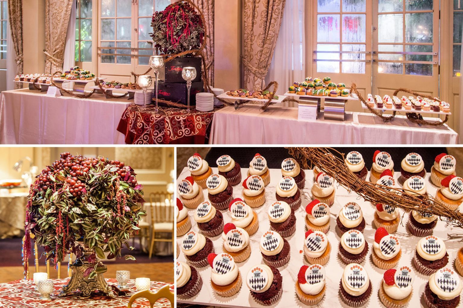 A buffet table with cupcakes and flowers on it.