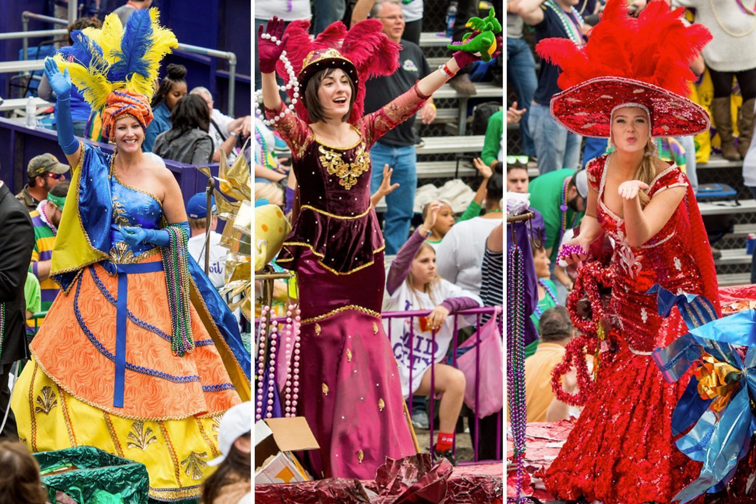 Three women in colorful costumes are dancing in a parade.