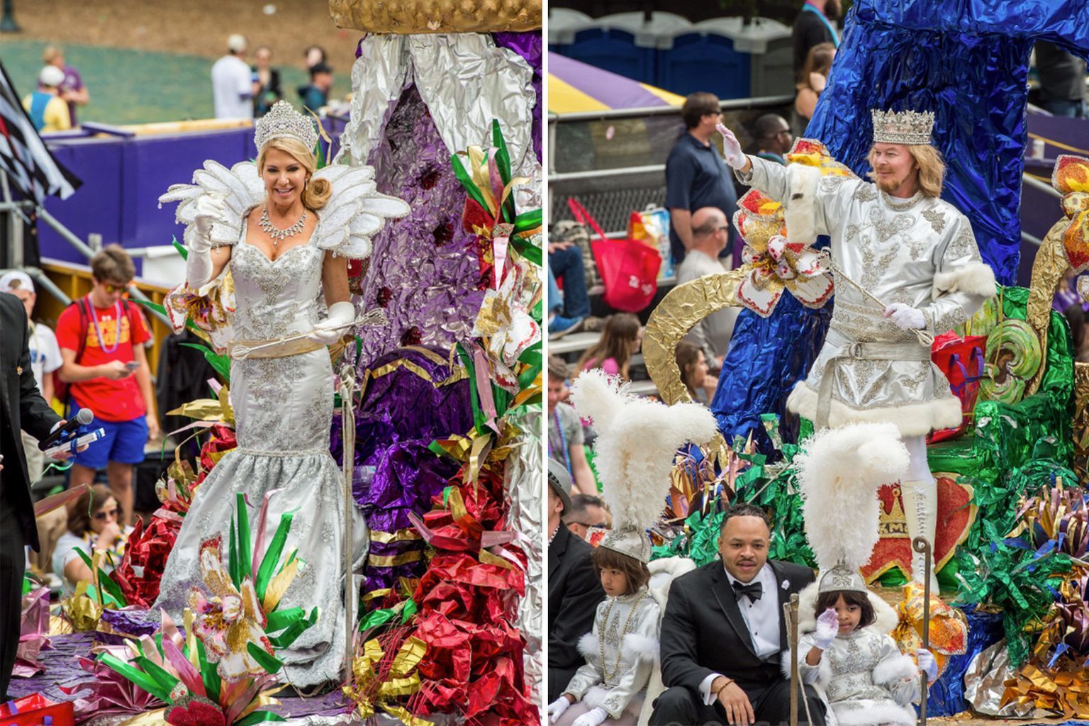 A woman in a white dress is riding a float in a parade.