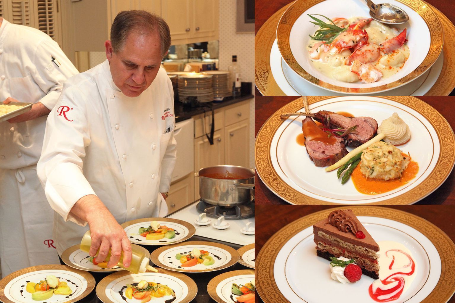 A chef is preparing plates of food in a kitchen