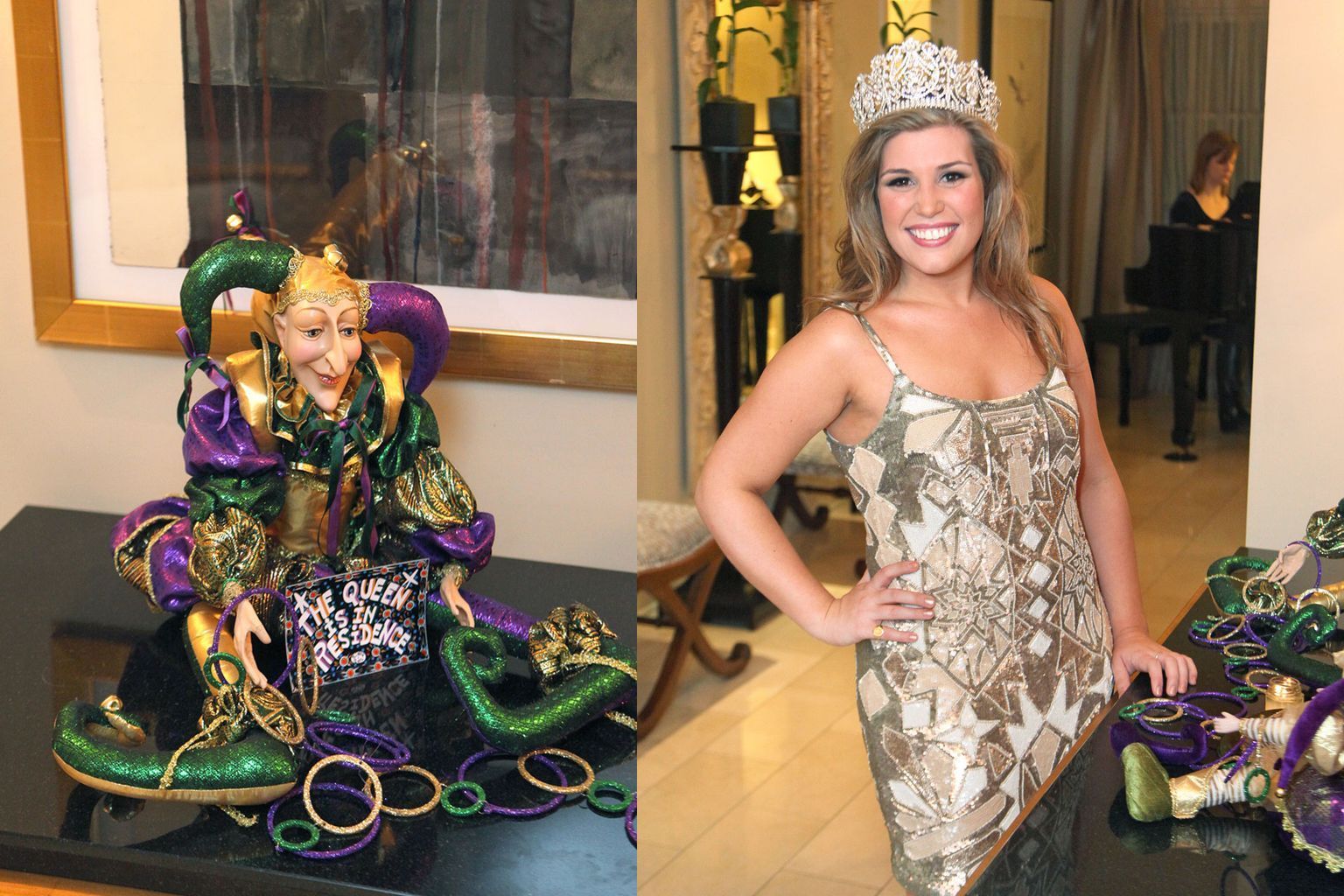 A woman in a crown is standing next to a statue of a jester.