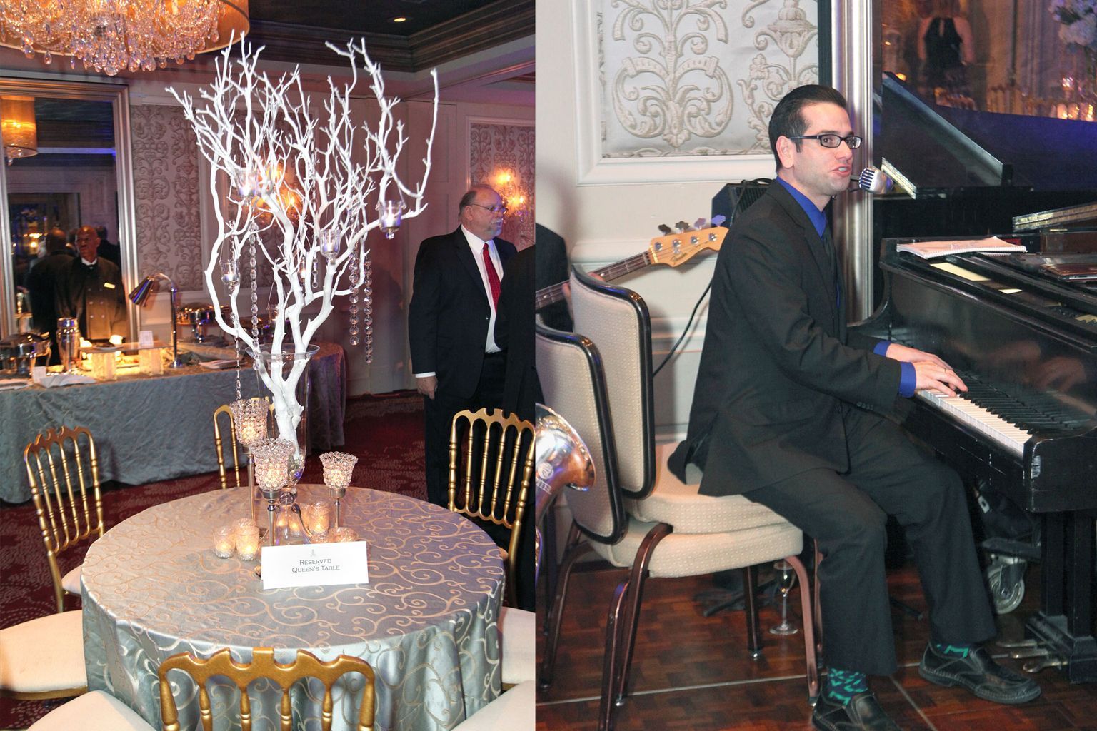 A man is playing a piano and singing into a microphone.