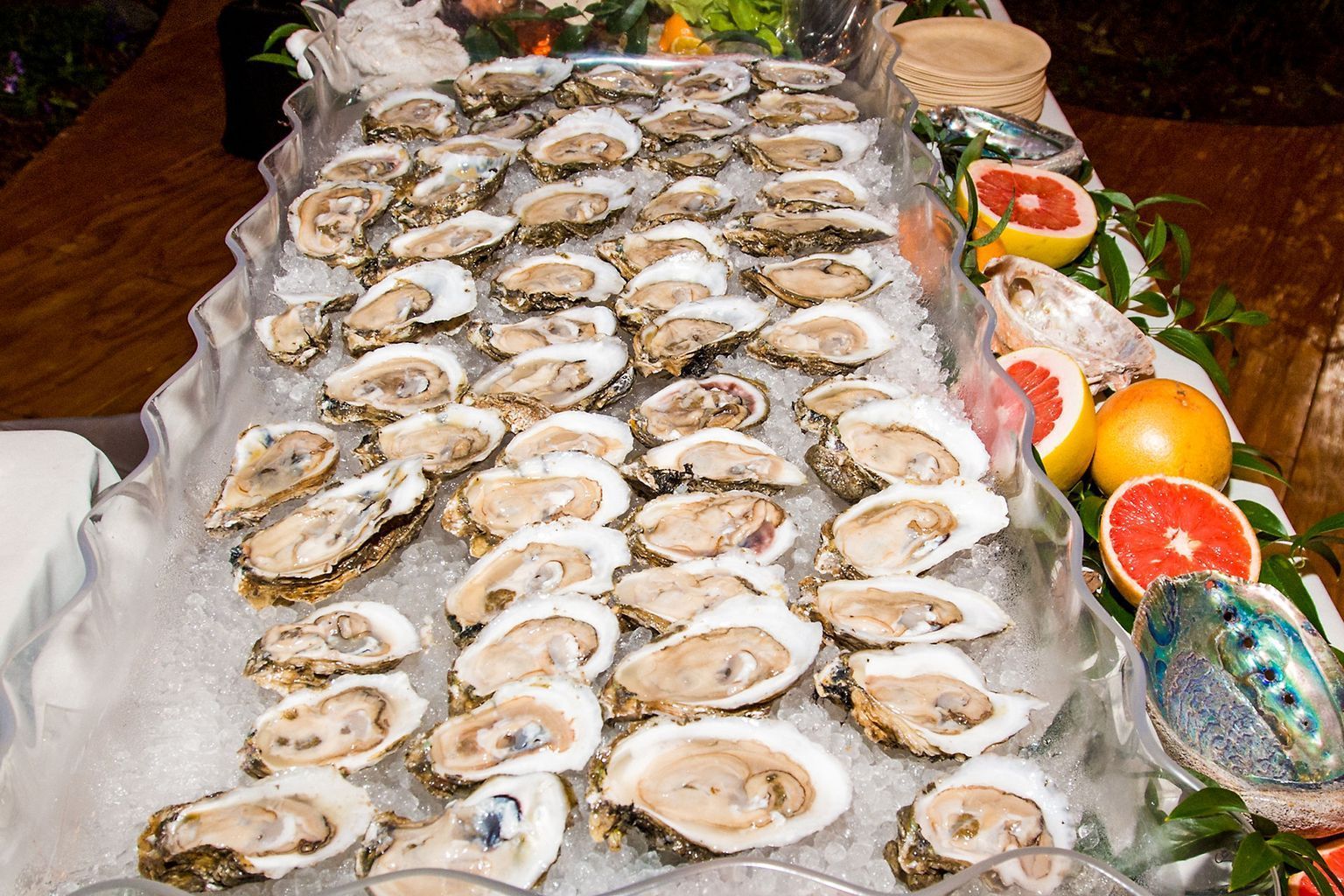 A table topped with lots of oysters on ice.