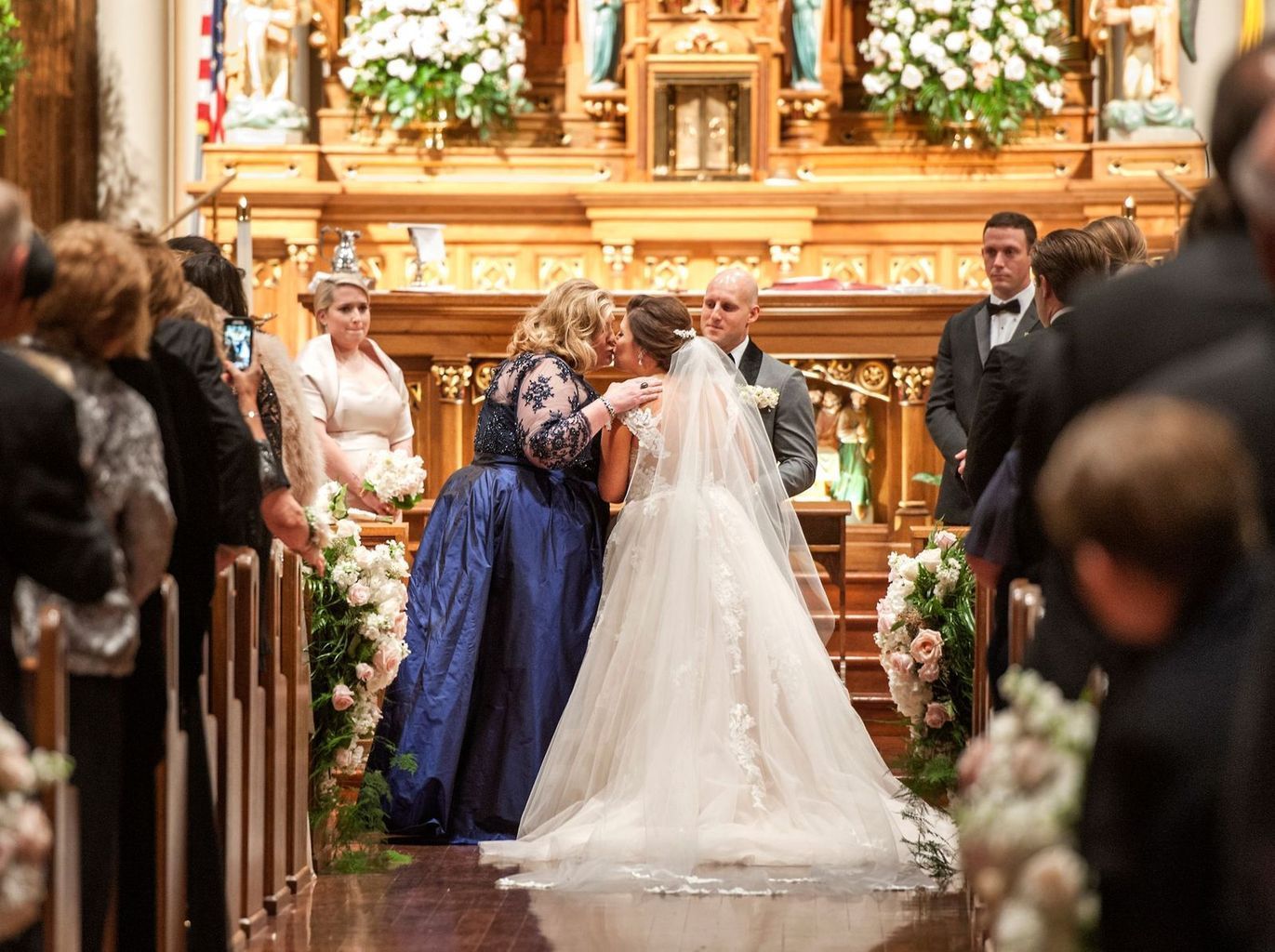 A bride and groom are getting married in a church.