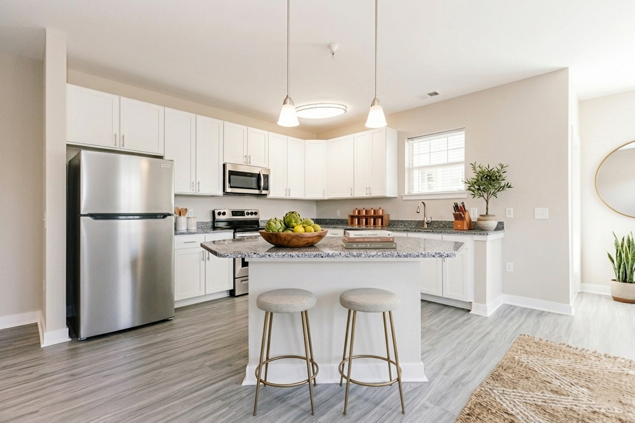 Small kitchen with wood cabinets, black appliances, granite countertops, and beige tile floor.