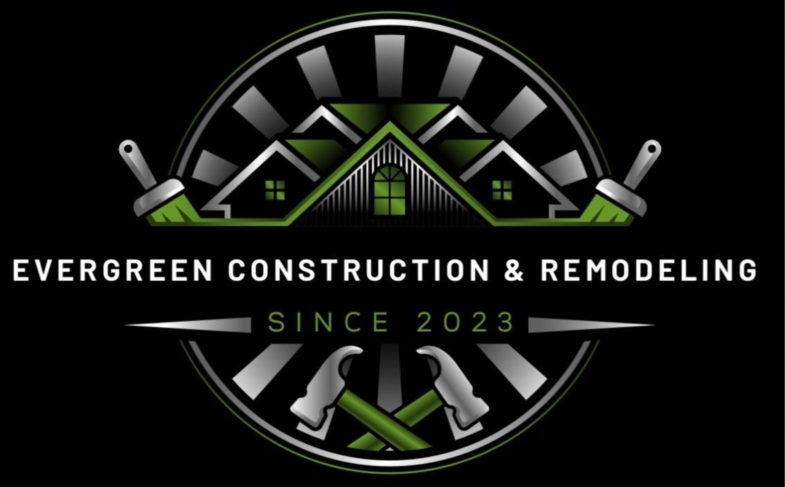Logo for Evergreen Construction & Remodeling. Features a house silhouette, crossed hammers, paintbrushes, and the text "Since 2023."