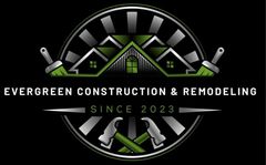 Logo for Evergreen Construction & Remodeling. Features a house silhouette, crossed hammers, paintbrushes, and the text "Since 2023."