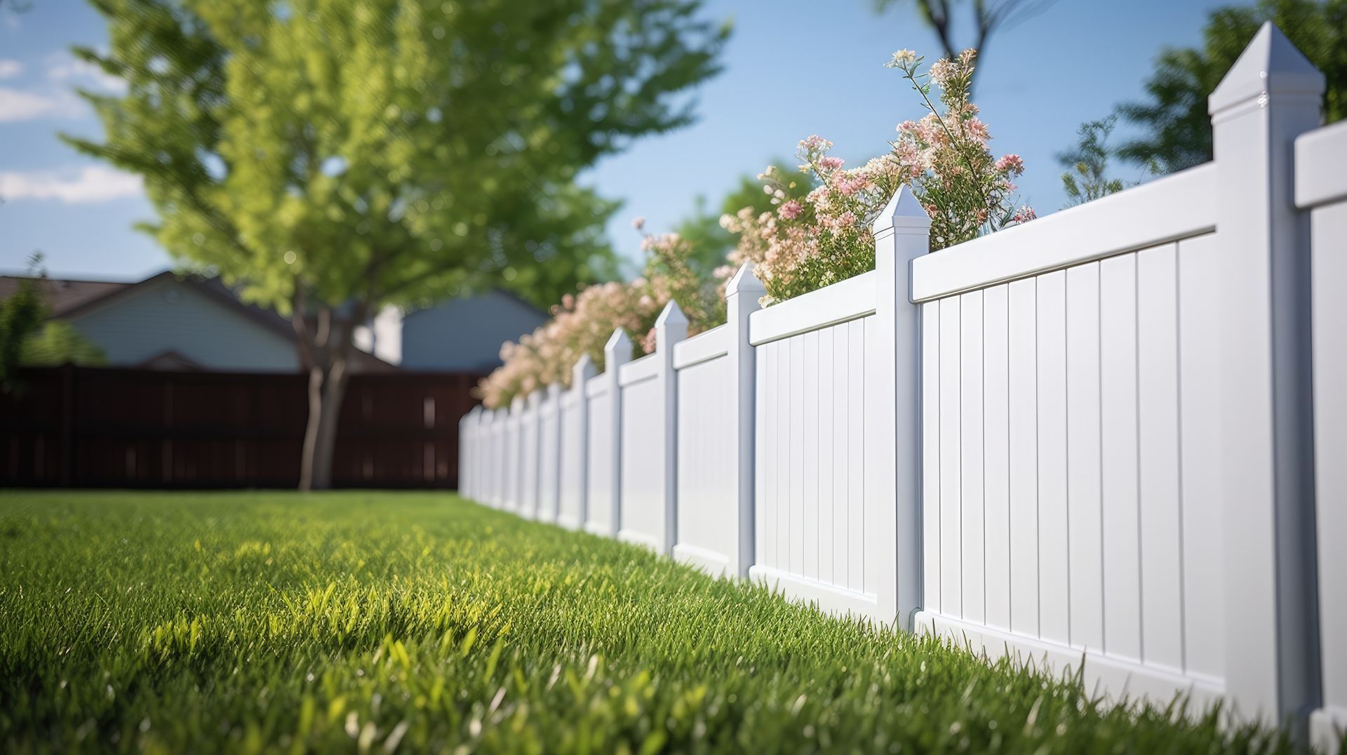 A white fence surrounds a lush green lawn in a backyard.