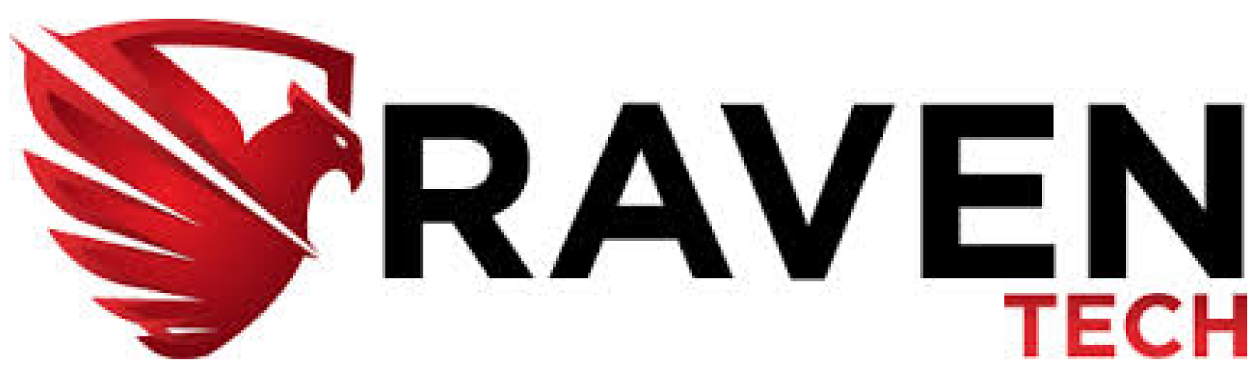 A logo for raven tech with a red wing on a white background.
