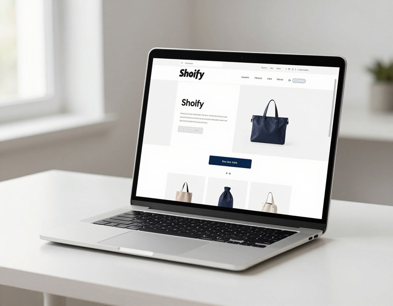 Laptop on a white desk displaying a fashion shopping website with a navy tote bag.