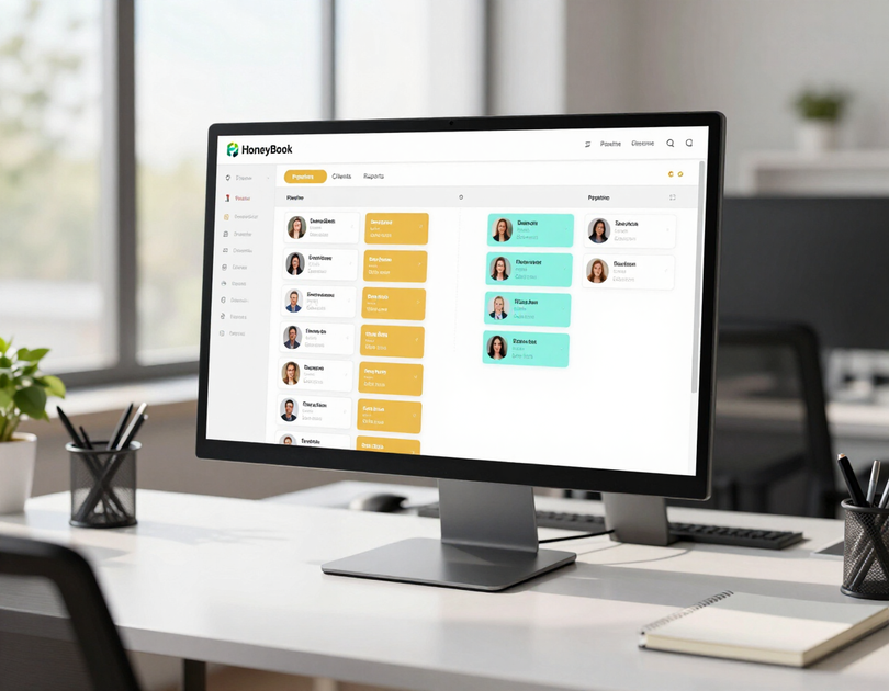 Desktop monitor showing a web dashboard with colorful task cards and user avatars on a white office desk.