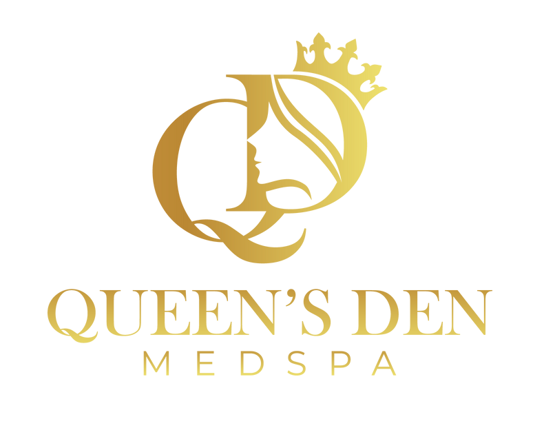 A gold logo for queen 's den medspa