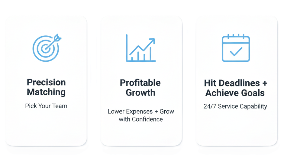 Three white cards with icons and text: precision matching, profitable growth, and hitting deadlines with 24/7 service.