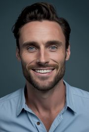 A man with a beard is smiling for the camera while wearing a blue shirt.