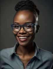 A woman wearing glasses and a blue shirt is smiling