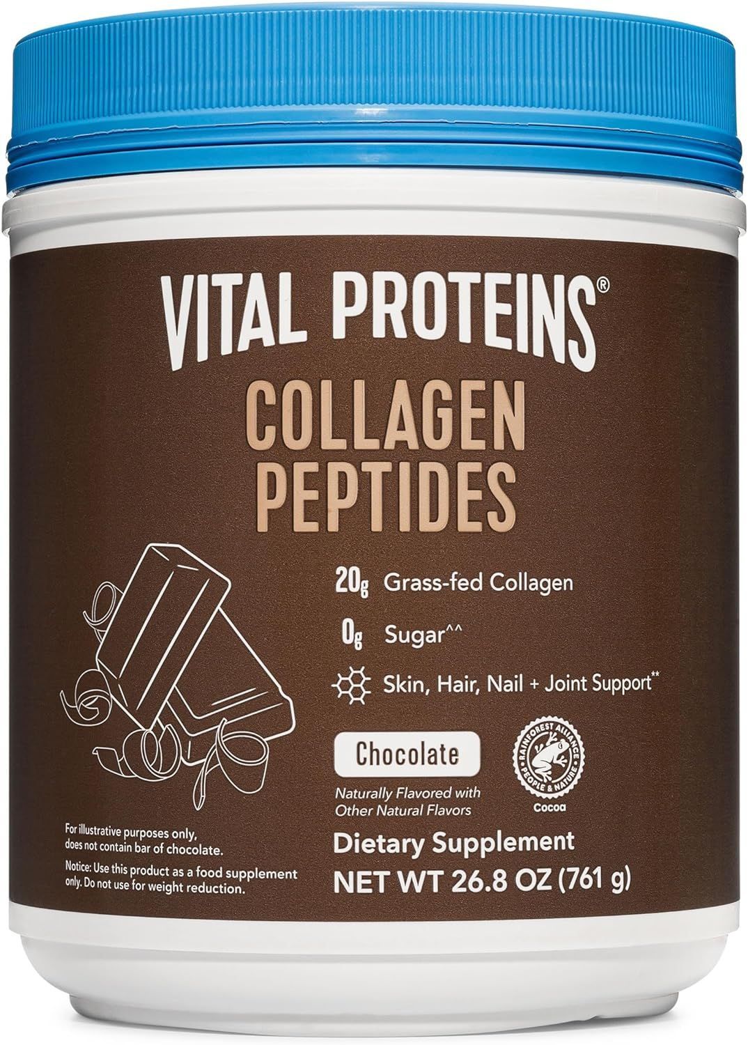 A jar of vital proteins collagen peptides in chocolate flavor.