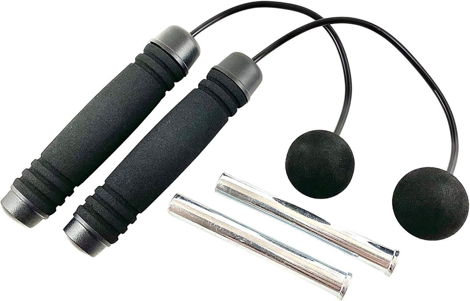 A pair of jump ropes with two balls attached to them on a white background.