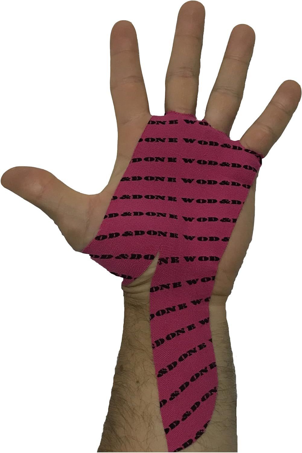 A person 's hand is wrapped in pink shark tape