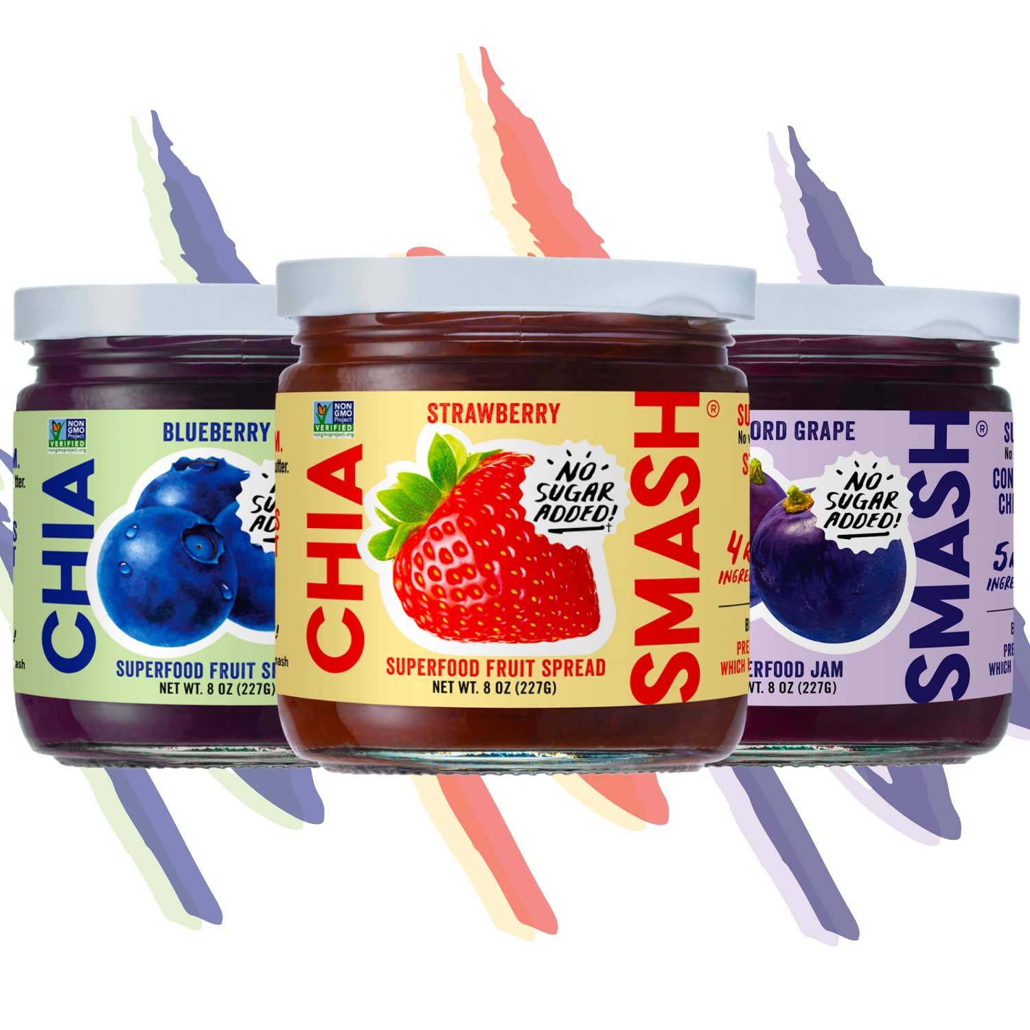 Three jars of smash chia blueberry strawberry and blue grape jam