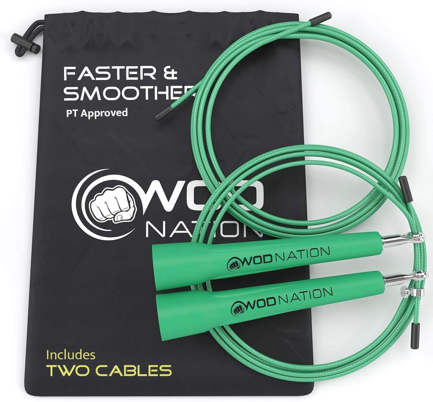 A pair of green jump ropes with a black bag that says faster and smoother