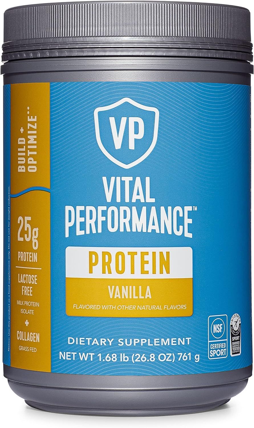 A bottle of vital performance protein powder in vanilla flavor.
