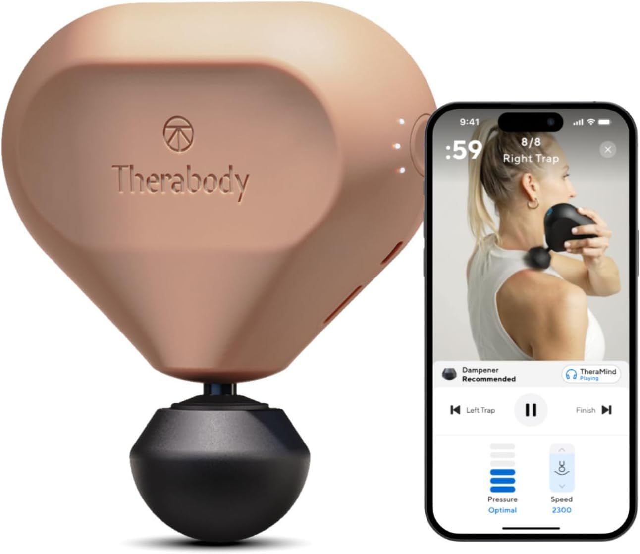 A woman is using a therabody massager next to a cell phone.