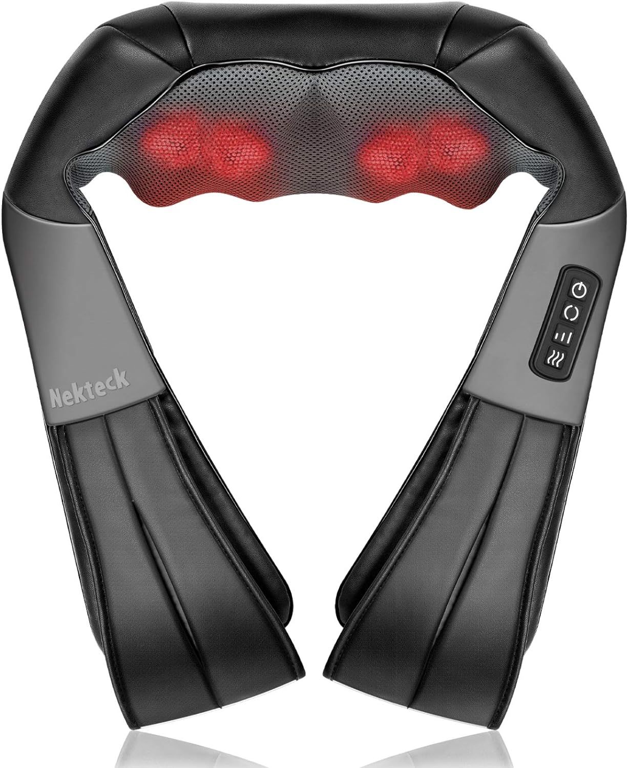 A black and gray neck massager with red lights on it