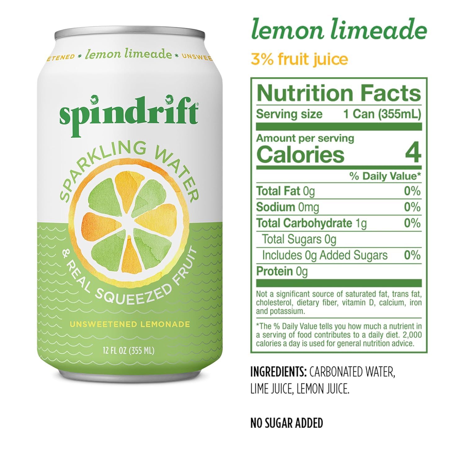 A can of lemon limeade sparkling water has a nutrition facts label on it.
