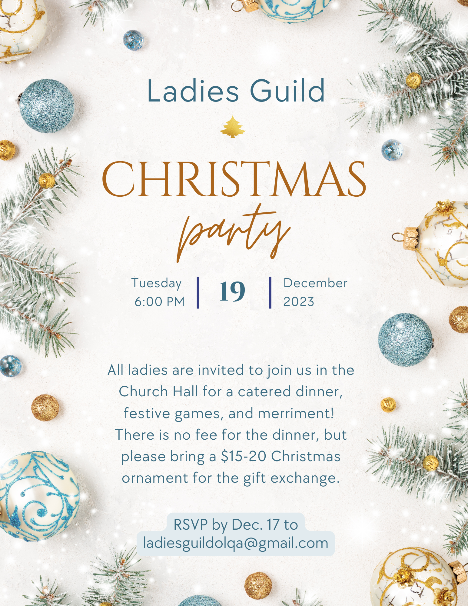 A christmas party invitation with christmas decorations on a white background.