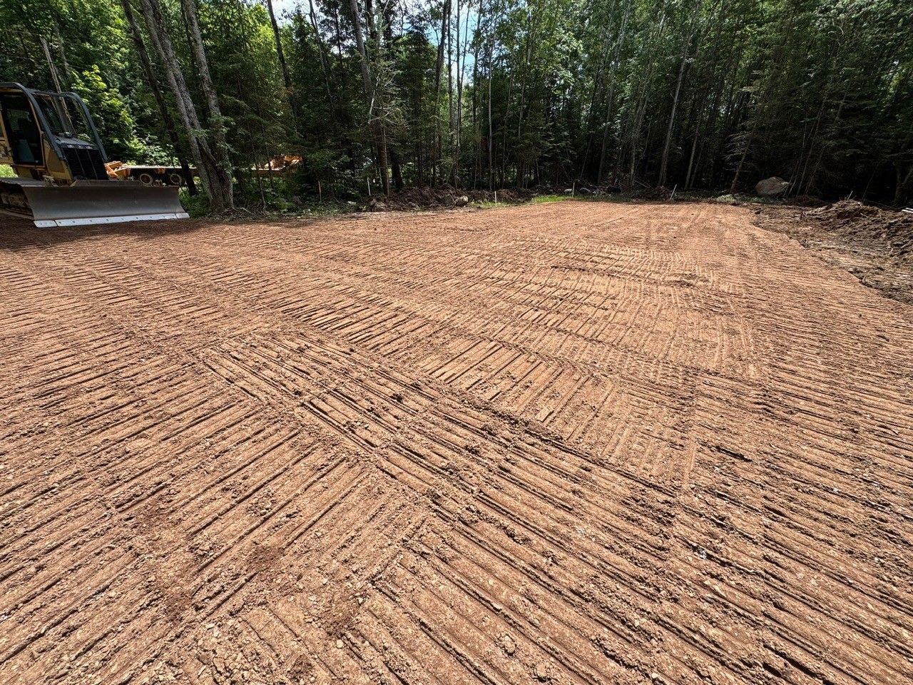 Brown earth surface graded with diagonal tractor lines, surrounded by trees.