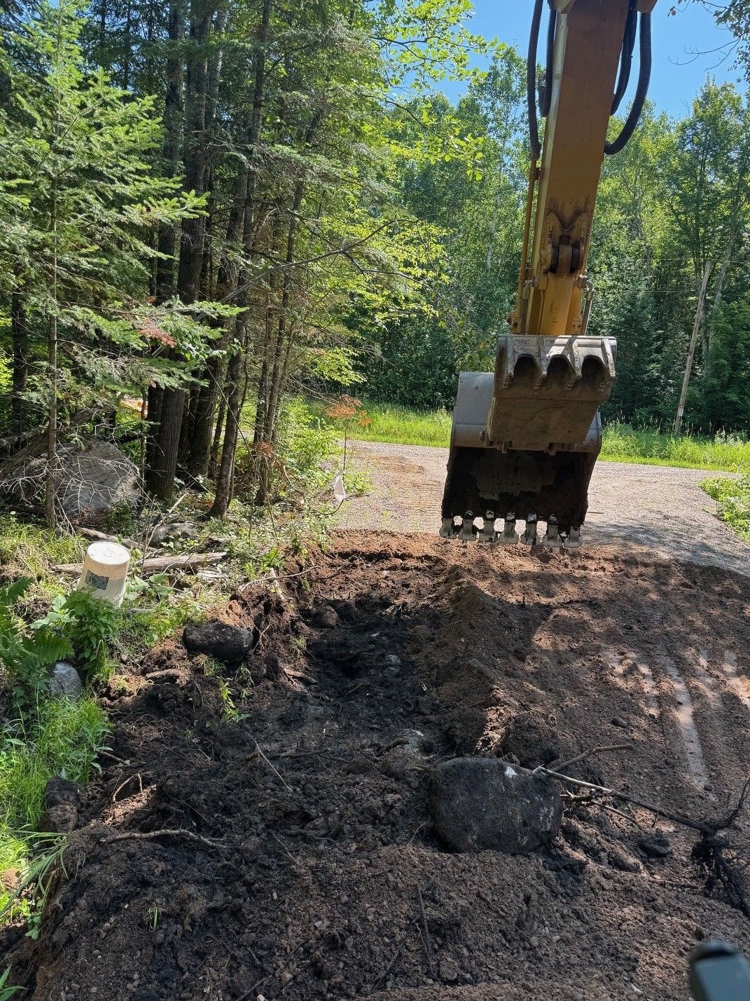 An excavator bucket digging into dark soil outdoors, with trees in the background on a sunny day.