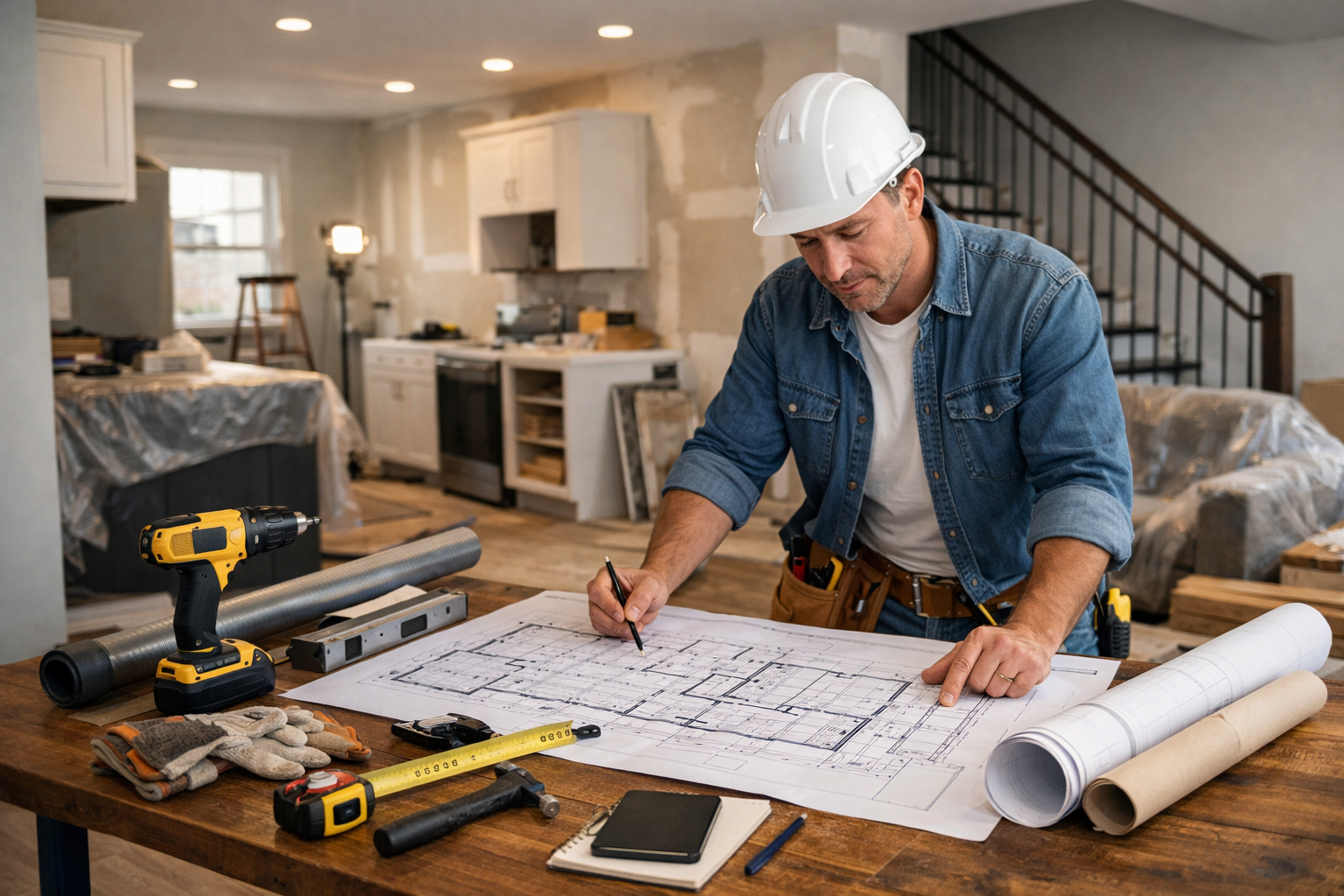 A person in a hard hat reviewing blueprints on a table in a home undergoing renovation.