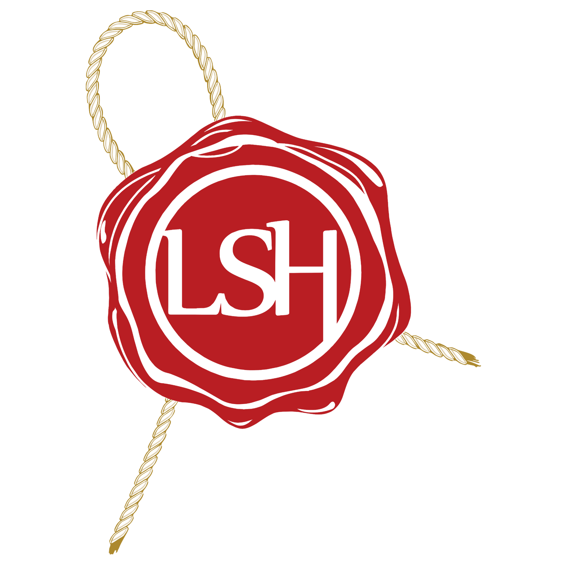 Red wax seal logo with white “LSH” letters and gold cord accents
