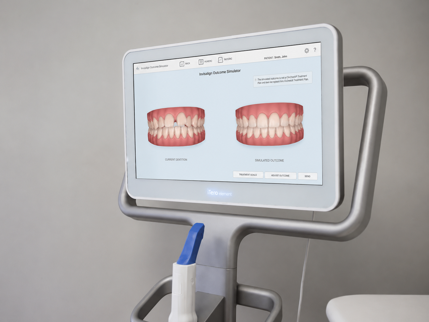 Woman smiling beside dental scanner displaying teeth model in a clinic room