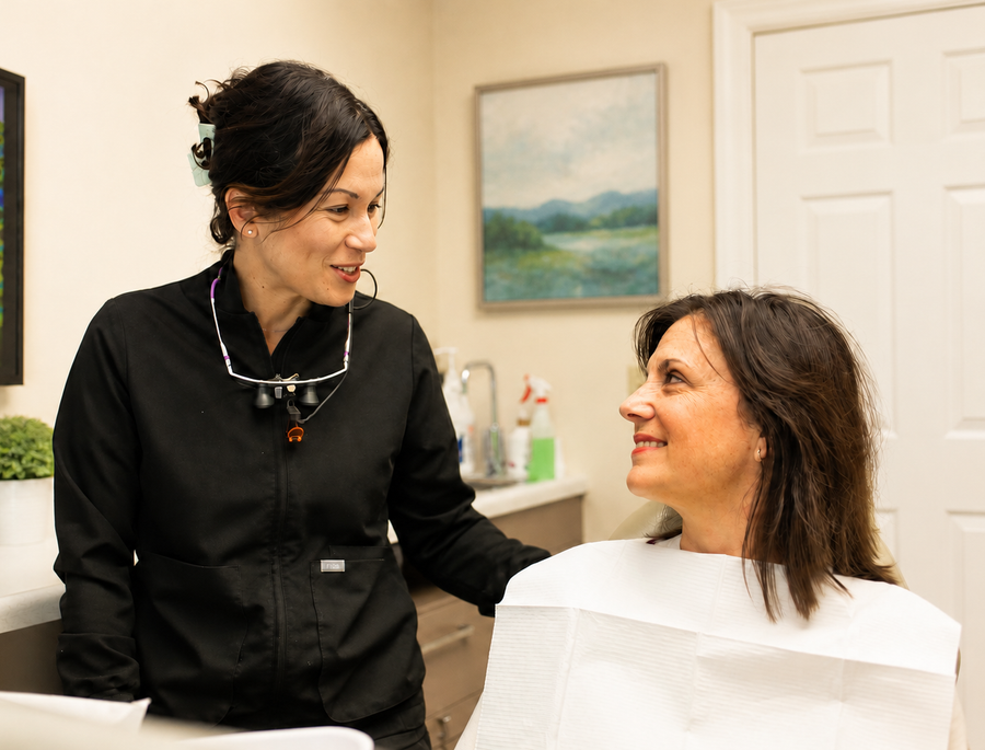 Dental assistant smiling at a patient in a clinic room, with a dental bib and framed wall art in the background